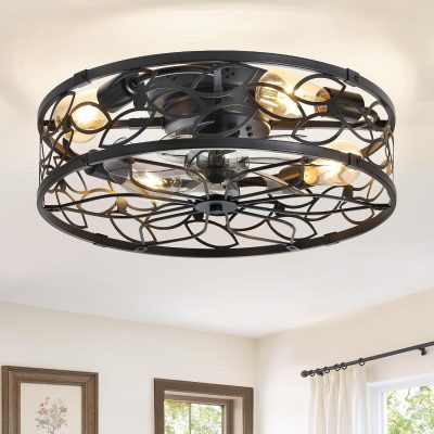 81JRWt6HvcL._AC_SL1500_.jpg windphoto 20" Caged Ceiling Fan with Light, Flush Mount Fandalier with Remote | Low Profile, Farmhouse Small, Bladeless Industrial, Quiet DC Motor, App Control for Bedroom, Kitchen, Dining Room, Black