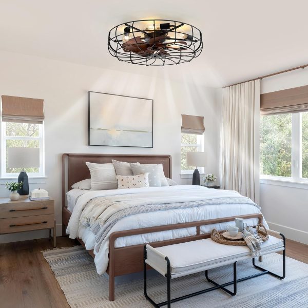 windphoto 26" Caged Farmhouse Ceiling Fans with Lights and Remote/App, Black | Flush Mount Bladeless Low Profile, Fandalier Large Rustic, Industrial Enclosed, Quiet & Powerful for Bedroom, Kitchen, Indoor