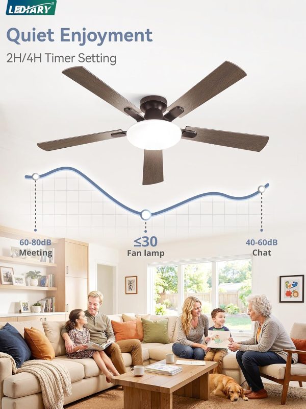 52 Inch Ceiling Fan with Lights and Remote, 30W 12" LED Panel Flush Mount Ceiling Fan, 6-Speed Quiet DC Motor Modern Low Profile Ceiling Fan with Reversible Blades for Bedroom, Living Room, Patio
