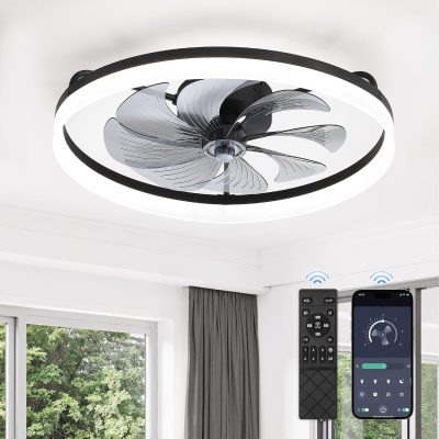 windphoto 23" Low Profile Ceiling Fans with Lights, APP & Remote, Black | Flush Mount, Dimmable LED, Quiet DC Motor, Reversible, 6 Speeds, Fandelier, for Bedroom