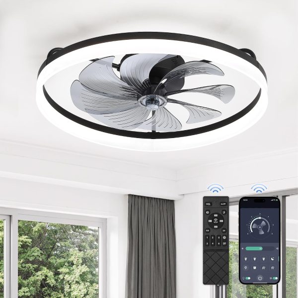 windphoto 23" Low Profile Ceiling Fans with Lights, APP & Remote, Black | Flush Mount, Dimmable LED, Quiet DC Motor, Reversible, 6 Speeds, Fandelier, for Bedroom