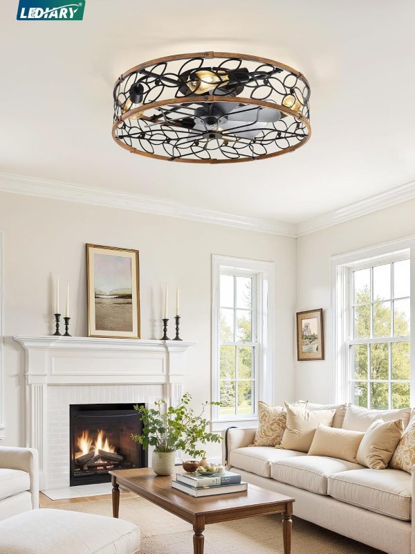 81KRSKkxzqL._AC_SL1500_.jpg windphoto 23" Caged Ceiling Fan with Light, Flush Mount Fandalier with Remote | Low Profile, Farmhouse Large, Bladeless Industrial, Quiet DC Motor, App Control for Bedroom, Kitchen, Dining Room, Walnut