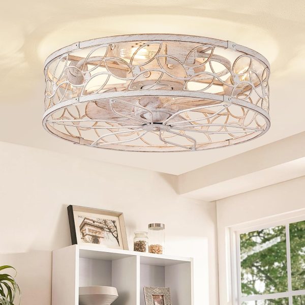 windphoto Caged Ceiling Fan with Light, Flush Mount Fandalier with Remote | Low Profile, Farmhouse Small, Bladeless Industrial, Quiet DC Motor, App Control for Bedroom, Kitchen, Dining Room, White Gold