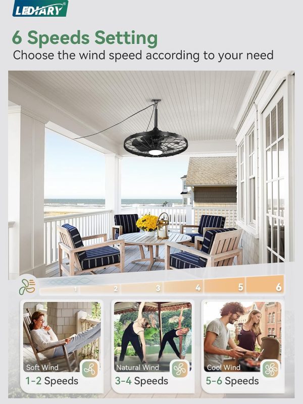windphoto 24" Outdoor IP65 Waterproof Plug in Ceiling Fan with Lights | 6 Speeds,3CCT,Quiet,Timer,Remote Control,Smart App,DC motor,Reversible,Caged Design,ABS Material,Gazebo,Patio,Porch,Pergola