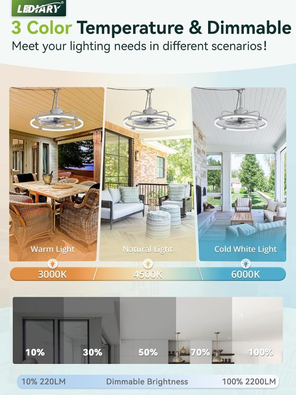 windphoto 24" Waterproof Grey Outdoor Ceiling Fan with Light for Gazebo | IP65 Wet Rated,APP Control,6-Speeds,3CCT Dimmable,Reverse DC Motor,Suitable for 12' x 14' Area,Plug In for Patio,Porch