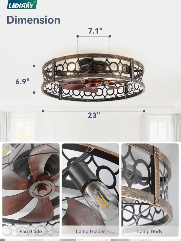 81LDrY8Dc7L._AC_SL1500_.jpg windphoto 23 Inch Caged Flush Mount Ceiling Fans with Lights, Black Gold | Low Profile, Farmhouse, Bladeless Enclosed Fandelier, Small, 6 Speed, Quiet Reversible DC, Bedroom, Kitchen, Living Room,