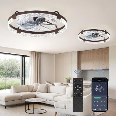windphoto 2-Pack 24" Ceiling Fans with Lights, APP & Remote, Brown | Low Profile, Flush Mount, Fandelier, 3000K-6000K, Dimmable LED, for Bedroom