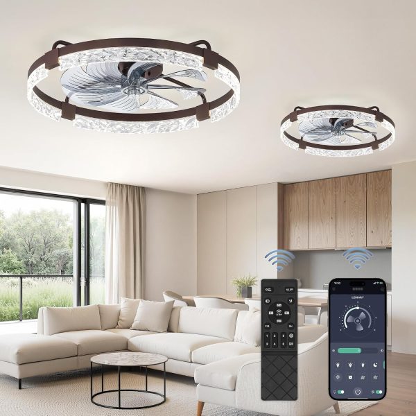 windphoto 2-Pack 24" Ceiling Fans with Lights, APP & Remote, Brown | Low Profile, Flush Mount, Fandelier, 3000K-6000K, Dimmable LED, for Bedroom