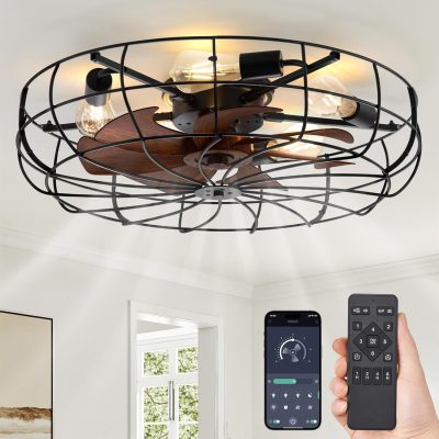 windphoto 26" Caged Farmhouse Ceiling Fans with Lights and Remote/App, Black | Flush Mount Bladeless Low Profile, Fandalier Large Rustic, Industrial Enclosed, Quiet & Powerful for Bedroom, Kitchen, Indoor