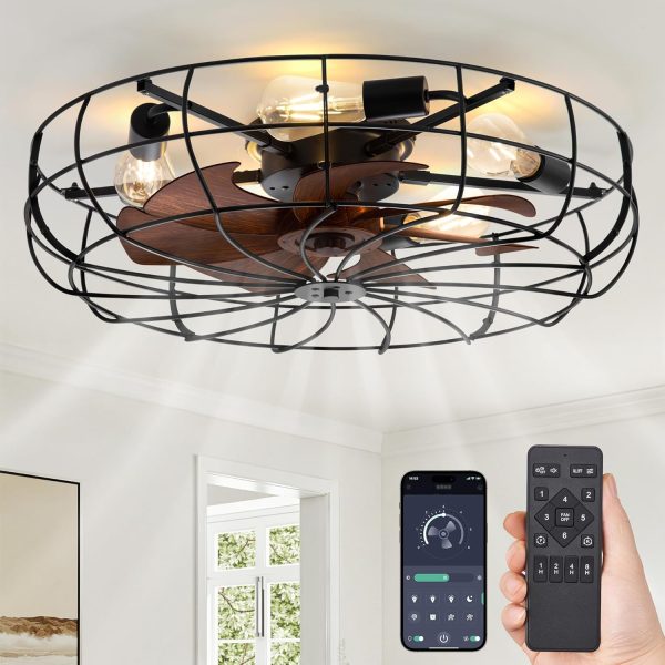 windphoto 26" Caged Farmhouse Ceiling Fans with Lights and Remote/App, Black | Flush Mount Bladeless Low Profile, Fandalier Large Rustic, Industrial Enclosed, Quiet & Powerful for Bedroom, Kitchen, Indoor