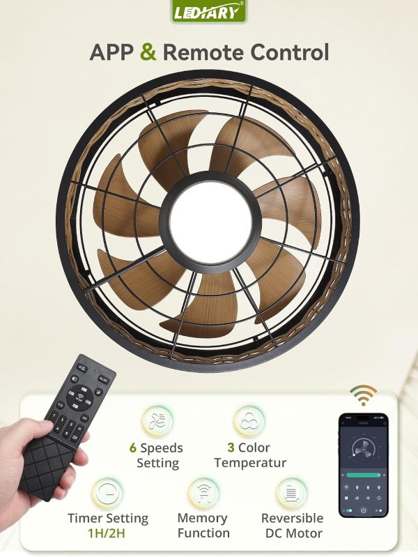 windphoto 20" Light Brown IP65 Waterproof Outdoor Ceiling Fan with Light | No Assembling,Remote&APP Control,3CCT Dimmable,6-Speeds,Boho Rattan, for Gazebo,Patio,Porch
