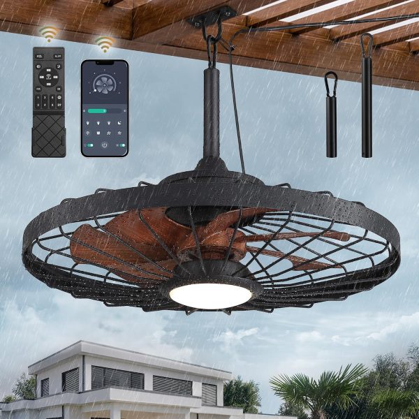windphoto 24" Outdoor IP65 Waterproof Plug in Ceiling Fan with Lights | 6 Speeds,3CCT,Quiet,Timer,Remote Control,Smart App,DC motor,Reversible,Caged Design,ABS Material,Gazebo,Patio,Porch,Pergola