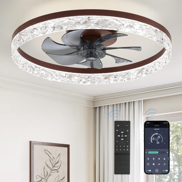 windphoto 20" Modern Ceiling Fans with Lights and Remote, Dimmable Low Profile Ceiling Fan, Flush Mount Ceiling Fan, Stepless Color Temperature Change and 6 Speeds - Brown | Fandelier, Dimmable Low Profile, Flush Mount, Stepless Color Temperature Change, 6 Speeds, Bedroom, Living Room, Kitchen