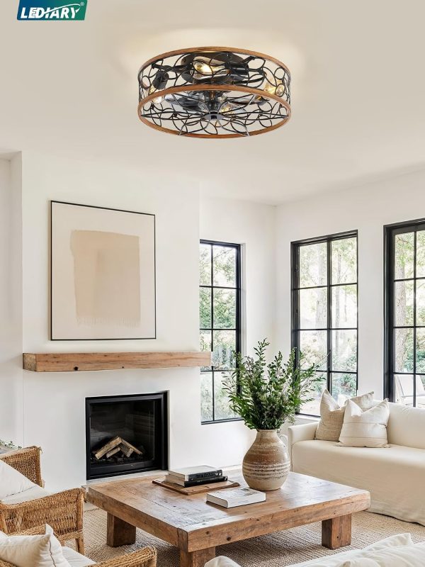 81NkDlKhIL._AC_SL1500_.jpg windphoto Walnut+White Gold Color Caged Ceiling Fans with Lights, White Flush Mount Ceiling Fan with Remote, Small Low Profile Bladeless Ceiling Fan Light Fixture for Bedroom, Kitchen, Dining Room