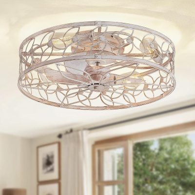 81Nrowl8mkL._AC_SL1500_.jpg windphoto 23" Caged Ceiling Fan with Light, Flush Mount Fandalier with Remote | Low Profile, Farmhouse Large, Bladeless Industrial, Quiet DC Motor, App Control for Bedroom, Kitchen, Dining Room, White Gold