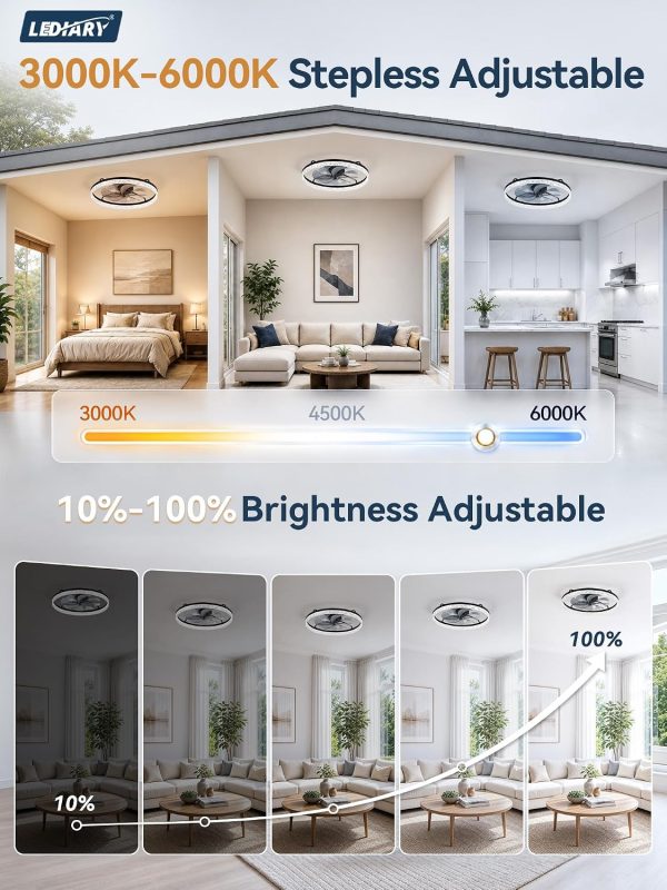 windphoto 24" Low Profile Ceiling Fans with Light and Remote, Fandelier Black | Reversible Airflow, 3000-6000K Dimmable LED, 6 Speeds, DC Motor, Memory, Timer, Flush Mount, Bedroom, Living Room, Kitchen