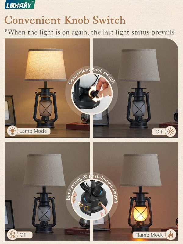 windphoto 18.72" Blow-Controlled LED Lantern Flickering Flame Table Lamps for Bedrooms Set of 2, Small Farmhouse Rustic Black End Table Lamps, Halloween Decorative Lantern Bedside Lamps for Living Room