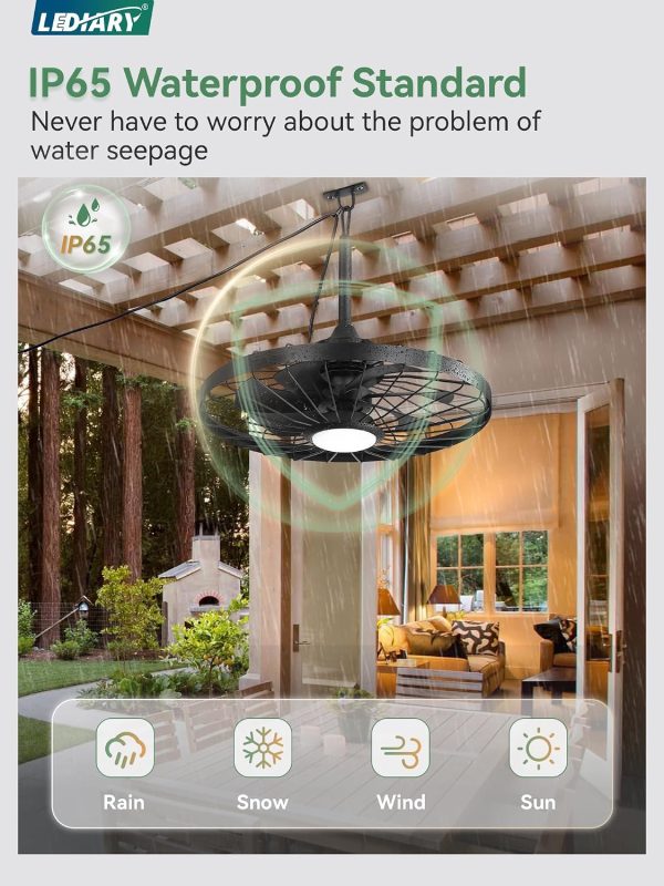 windphoto 24" Outdoor IP65 Waterproof Plug in Ceiling Fan with Lights | 6 Speeds,3CCT,Quiet,Timer,Remote Control,Smart App,DC motor,Reversible,Caged Design,ABS Material,Gazebo,Patio,Porch,Pergola