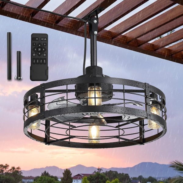 81Q21qq81nL._AC_SL1500_.jpg windphoto 22" Outdoor Ceiling Fans with Light,IP65 Waterproof Gazebo Fan | Outdoor Fan with Hanging Hook, Plug in, Remote Control,Caged, 6 Speeds, 4Timer, for Patio, Porch, Pergola, Canopy