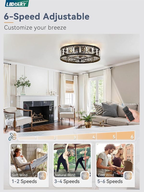 windphoto 20" Caged Flush Mount Vintage Ceiling Fan and Remote, Black | Low Profile, Bladeless Enclosed Fandelier, 6 Speed, Quiet Reversible DC, Rustic, Victorian, Rustic, Crystal, Bedroom, Kitchen