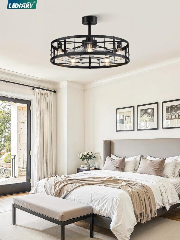 windphoto 30 inch Fandelier Caged Ceiling Fan with Light and Remote, Black | 6 Speed Adjustable,Timing, Quiet & Powerful DC, Large, Farmhouse, Industrial, Enclosed, Bladeless, Bedroom, Kitchen, Downrod