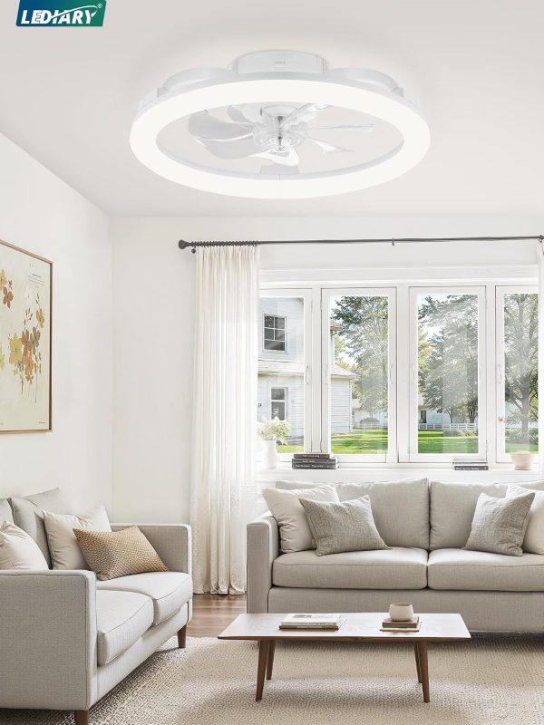 windphoto 20" Ceiling Fans with Lights and Remote for Bedroom, White | Low Profile Fan Light, 3000K-6000K Stepless Dimmable Fandelier, 6 Speed, Reversible DC Motor, APP & Remote Control, Low Noice