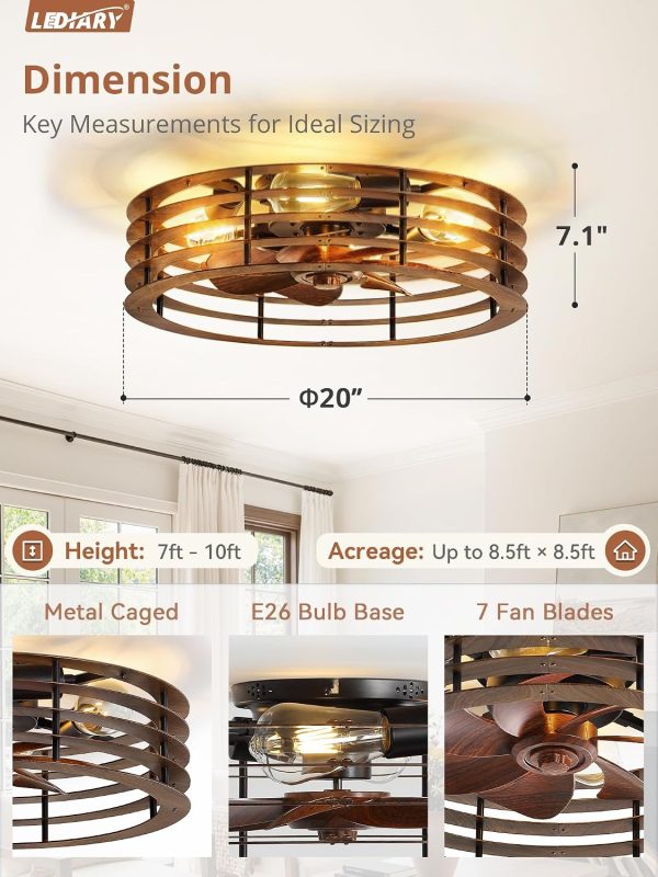 windphoto 20" Caged Low Profile Enclosed Ceiling Fan Light with Remote | Flush Mount, Bladeless Enclosed Fandelier, 6 Speed, Quiet Reversible DC, Rustic, Victorian, Rustic, Bedroom, Kitchen