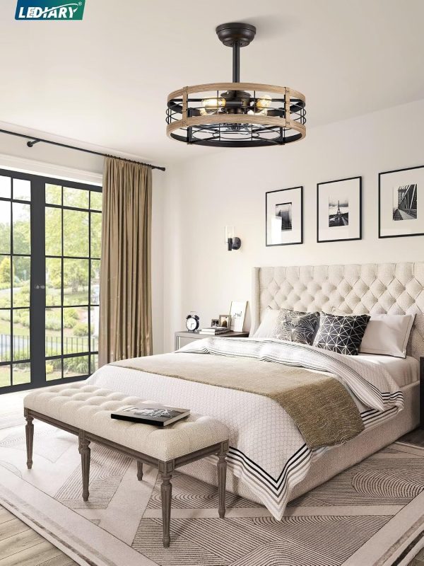 81RJIz2odqL._AC_SL1500_.jpg windphoto 20 inch Fandelier Caged Ceiling Fan with Light and Remote, Brown | 6 Speed Adjustable,Timing, Quiet & Powerful DC, Small, Farmhouse, Industrial, Enclosed, Bladeless, Bedroom, Kitchen, Downrod
