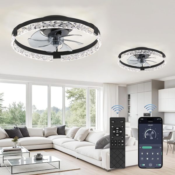 windphoto 2-Pack 20" Ceiling Fans with Lights, APP & Remote, Black | Low Profile, Flush Mount, Fandelier, 3000K-6000K, Dimmable LED, for Bedroom