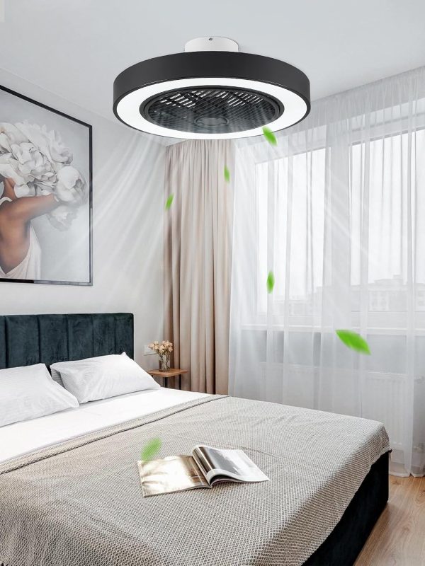 81RncsbrhsL._AC_SL1500_.jpg windphoto 22in Bladeless Enclosed LED Ceiling Fan Light with Remote, Black | Flush Mount, Modern, 6 Speed Adjustable, 3000-6000K Dimmable, 3000LM, Indoor Bedroom Living Room, Remote/APP Control