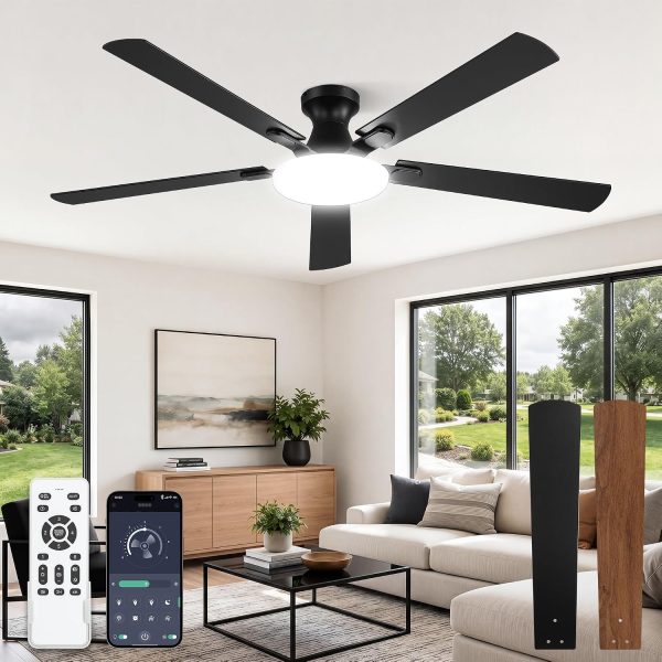 81RrDVhk0ZL._AC_SL1500_.jpg windphoto 60 Inch Flush Mount Ceiling Fans with Lights, Remote & APP Control | 3CCT,Stepless Dimmable,Memory Function,Timer,6-speed,Reversible Blade, Quiet DC Motor, Damp-Rated, Living Room, Covered Patio
