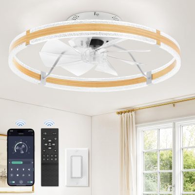 windphoto 24'' Low Profile Ceiling Fans with Lights and Remote, Wood Grain | 3000-6000K Dimmable LED, 6 Wind Speeds, Quiet Reversible DC Motor, Small Flush Mount Fandelier for Bedroom, Living Room