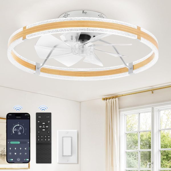 windphoto 24'' Low Profile Ceiling Fans with Lights and Remote, Wood Grain | 3000-6000K Dimmable LED, 6 Wind Speeds, Quiet Reversible DC Motor, Small Flush Mount Fandelier for Bedroom, Living Room