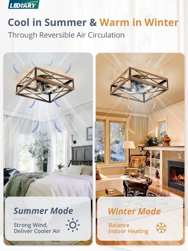 windphoto 20" Caged Flush Mount Square Ceiling Fans with Lights and Remote | 6 Speed and Reversible DC Motor, Small Farmhouse Rustic, Low Profile, for Bedroom, Kitchen, Dining Room