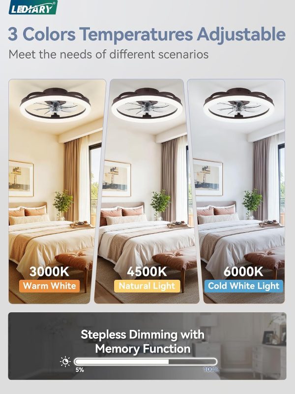 windphoto 20" Ceiling Fans with Lights and Remote for Bedroom, Brown | Low Profile Fan Light, 3000K-6000K Stepless Dimmable Fandelier, 6 Speed, Reversible DC Motor, APP & Remote Control, Low Noice