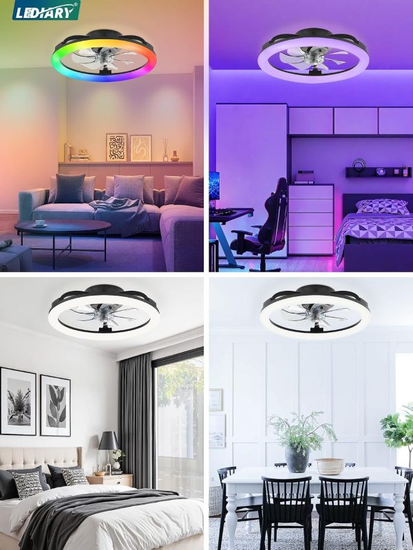 81SNWnldrlL._AC_SL1500_.jpg windphoto RGB Low Profile Ceiling Fans with Lights and Remote, 20 Inch Dimmable Modern Fan Light(3000K-6000K), 6 Speed, Reversible, APP & Remote Control, Flush Mount Ceiling Fan for Bedroom, Black