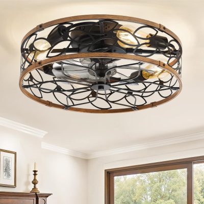 81SRgAy-mXL._AC_SL1500_.jpg windphoto 20" Caged Ceiling Fan with Light, Flush Mount Fandalier with Remote | Low Profile, Farmhouse Small, Bladeless Industrial, Quiet DC Motor, App Control for Bedroom, Kitchen, Dining Room, Walnut