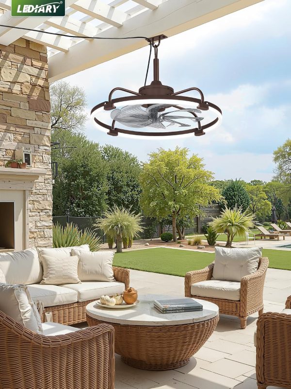 windphoto 24" Waterproof Brown Outdoor Ceiling Fan with Light for Gazebo | IP65 Wet Rated,APP Control,6-Speeds,3CCT Dimmable,Reverse DC Motor,Suitable for 12' x 14' Area,Plug In for Patio,Porch