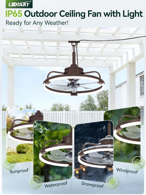 81SYo2E4qSL._AC_SL1500_.jpg windphoto 20" Waterproof Brown Outdoor Ceiling Fan with Light for Gazebo | IP65 Wet Rated,APP Control,6-Speeds,3CCT Dimmable,Reverse DC Motor,Suitable for 10' x 12' Area,Plug In for Patio,Porch