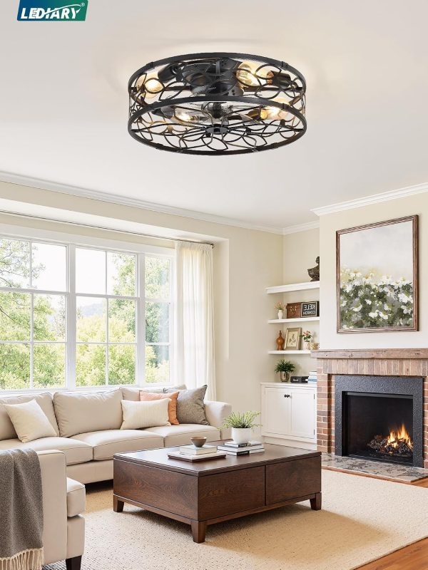 81T-Yl3byxL._AC_SL1500_.jpg windphoto 20" Caged Ceiling Fan with Light, Flush Mount Fandalier with Remote | Low Profile, Farmhouse Small, Bladeless Industrial, Quiet DC Motor, App Control for Bedroom, Kitchen, Dining Room, Black