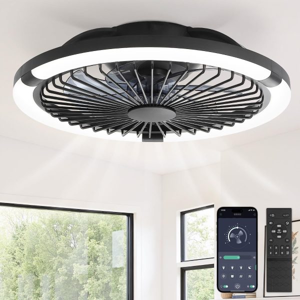 windphoto 20" Low Profile Bladeless Ceiling Fan with Light, Remote&APP, Black | Flush Mount, 6 Speed Adjustable, 3000-6000K Dimmable LED, Modern Enclosed Fandelier with Timming, Bedroom, Kids Room
