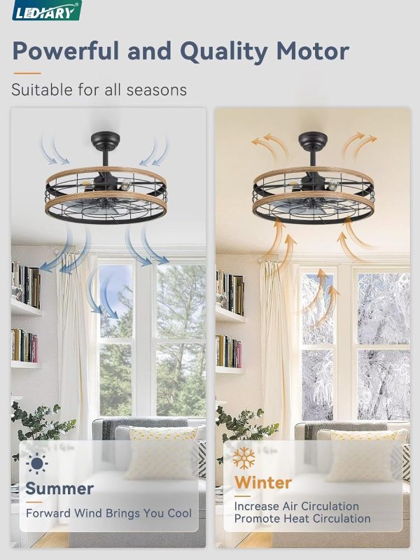 windphoto 22 inch Caged Fandelier Ceiling Fan Light with Remote, Brown | 6 Speed Adjustable,Timing, Quiet & Powerful DC, Large, Farmhouse, Industrial, Enclosed, Bladeless, Bedroom, Kitchen, Downrod