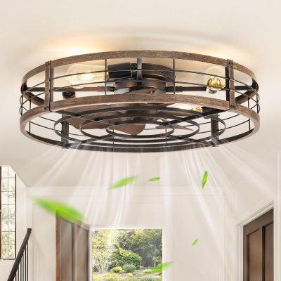 windphoto 26" Black Gold Caged Low Profile Ceiling Fan with Light and Remote | Flush Mount, Bladeless Enclosed Fandelier, 6 Speed, Quiet Powerful DC, Rustic,Farmhouse, Large, Bedroom, Kitchen, Indoor