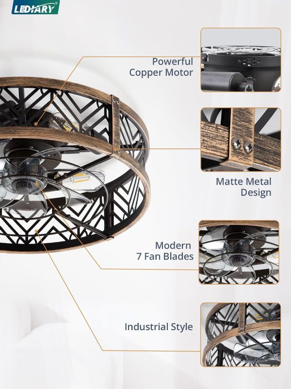 81UDuZjP3HL._AC_SL1500_.jpg windphoto 20" Caged Ceiling Fan with Light and Remote, Fandalier, Black Gold | Flush Mount Low Profile, APP Control, Rustic Bladeless Industrial Enclosed, Quiet & Powerful for Bedroom,Kitchen,Dining Room