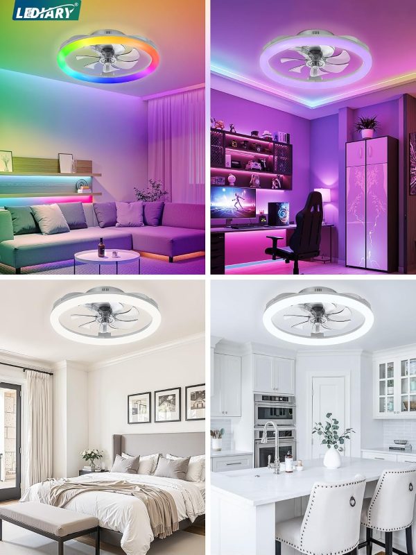 windphoto 20" Ceiling Fans with Lights and Remote for Bedroom, Grey | RGB Low Profile Fan Light, 3000K-6000K Stepless Dimmable, 6 Speed, Reversible DC Motor, APP & Remote Control, Low Noice