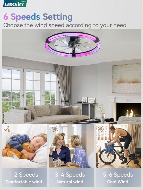 81Uay2CFyiL._AC_SL1500_.jpg windphoto Ceiling Fan with Light,23inch Low Profile Fandelier with Remote RGB | RGB,6 Speeds, Reversible DC Motor, Dimmable Flush Mount Fan Light, Modern fans for Bedroom