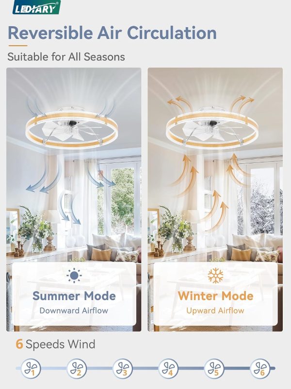 windphoto 24'' Low Profile Ceiling Fans with Lights and Remote, Wood Grain | 3000-6000K Dimmable LED, 6 Wind Speeds, Quiet Reversible DC Motor, Small Flush Mount Fandelier for Bedroom, Living Room