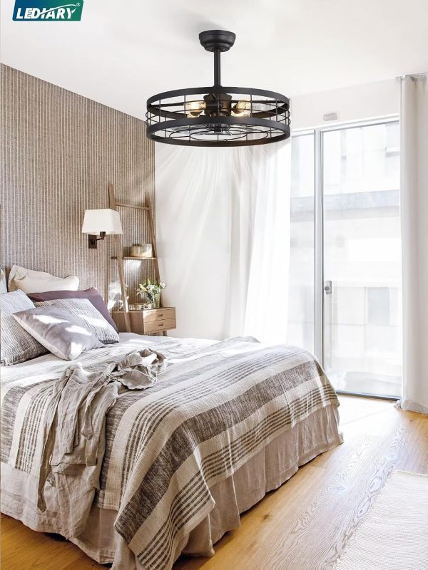 81UtG6ILtL._AC_SL1500_.jpg windphoto 22 inch Farmhouse Caged Ceiling Fan Light with Remote, Black | 6 Speed Adjustable,Timing, Quiet & Powerful DC, Large, Farmhouse, Industrial, Enclosed, Bladeless, Bedroom, Kitchen, Downrod