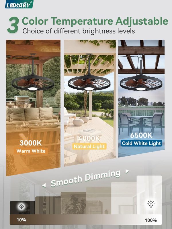 windphoto 24" Outdoor IP65 Waterproof Plug in Ceiling Fan with Lights | 6 Speeds,3CCT,Quiet,Timer,Remote Control,Smart App,DC motor,Reversible,Caged Design,ABS Material,Gazebo,Patio,Porch,Pergola