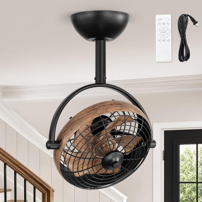 81UzRR2Z3PL._AC_SL1500_.jpg windphoto 10" Small Wall Mount Fan with Remote Plug in Cord, Wood Grain | 6 Speed, Timing, Reversible, Adjustable Tilt, Indoor, Tabletop, Ceiling fan, Corner Fans, Basement Workshop Tool Room Garage